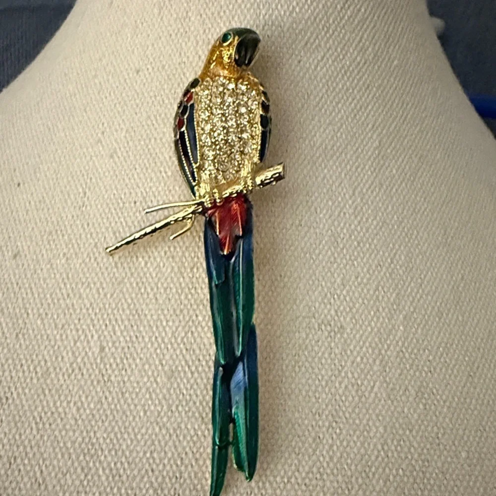 Vintage Figural Parrot Brooch Enamel & Rhinestone.  Circa 1990’s.